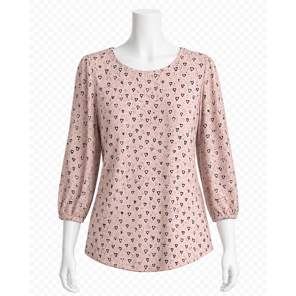 Adrianna Papell Heart Print Blouse Pink 3/4 Sleeve Keyhole Top - Size S